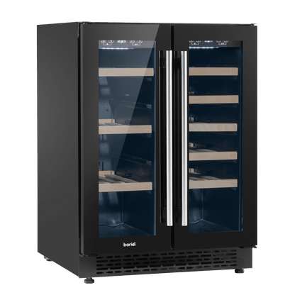Sleek dual zone wine and beverage cooler with glass doors and wood shelving.