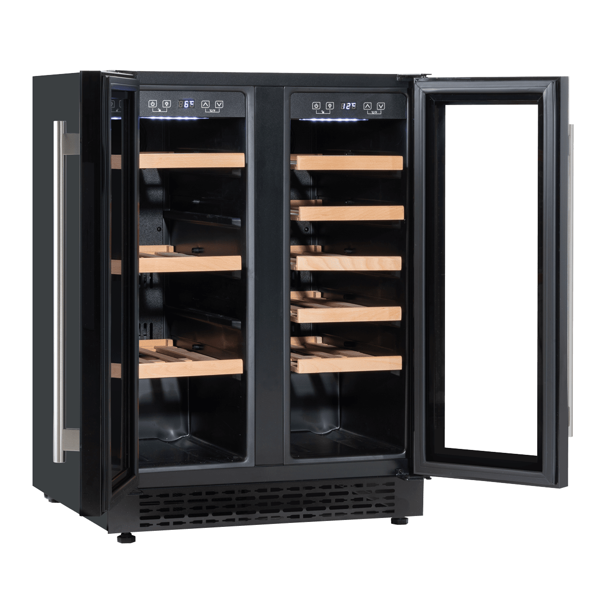Sleek dual zone wine cooler with glass doors, showcasing bottles and cans in a modern kitchen setting.