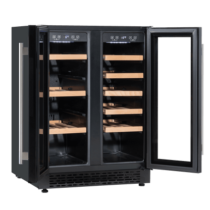 Sleek dual zone wine cooler with glass doors, showcasing bottles and cans in a modern kitchen setting.