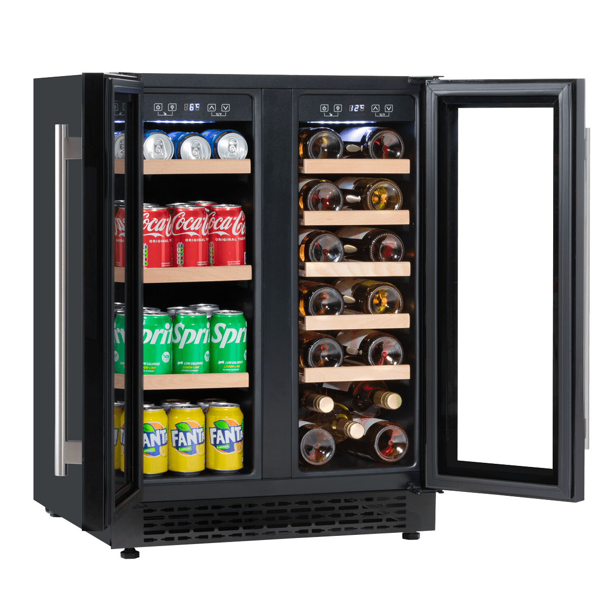 Sleek dual-zone wine cooler with glass doors, storing 40 bottles/120 cans, under-counter fit.