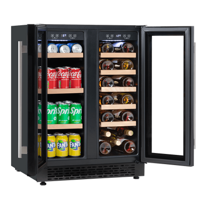 Sleek dual-zone wine cooler with glass doors, storing 40 bottles/120 cans, under-counter fit.