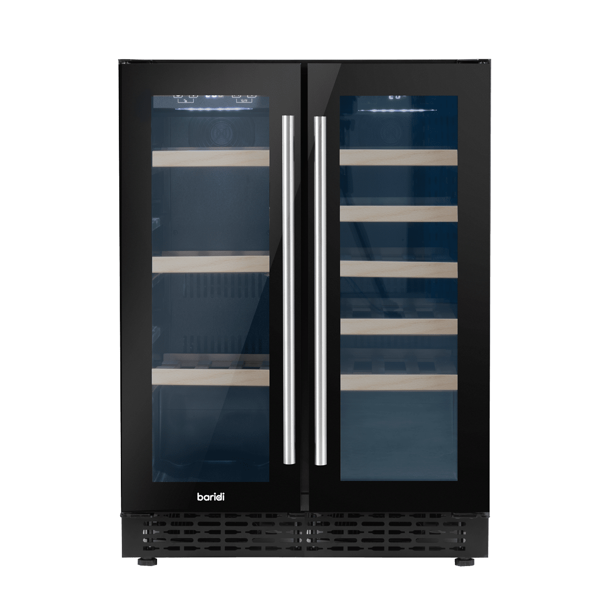 Baridi Dual Zone Wine & Beverage Cooler with sleek design, dual glass doors, and removable shelves.