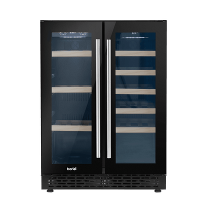 Baridi Dual Zone Wine & Beverage Cooler with sleek design, dual glass doors, and removable shelves.