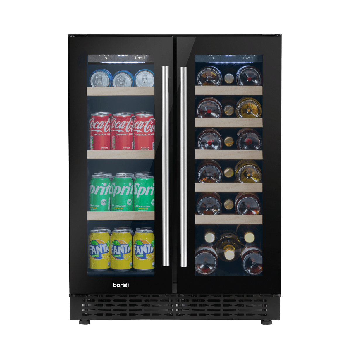 Baridi Dual Zone Wine Cooler with glass doors, under-counter fit, and removable shelving.
