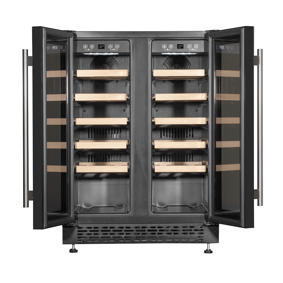 Sleek dual-zone wine and beverage cooler with glass doors, showcasing bottles and cans.