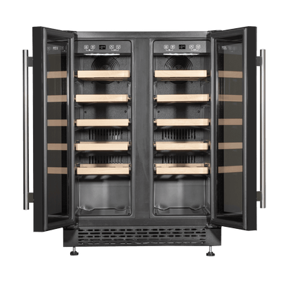 Sleek dual-zone wine and beverage cooler with glass doors, showcasing bottles and cans.