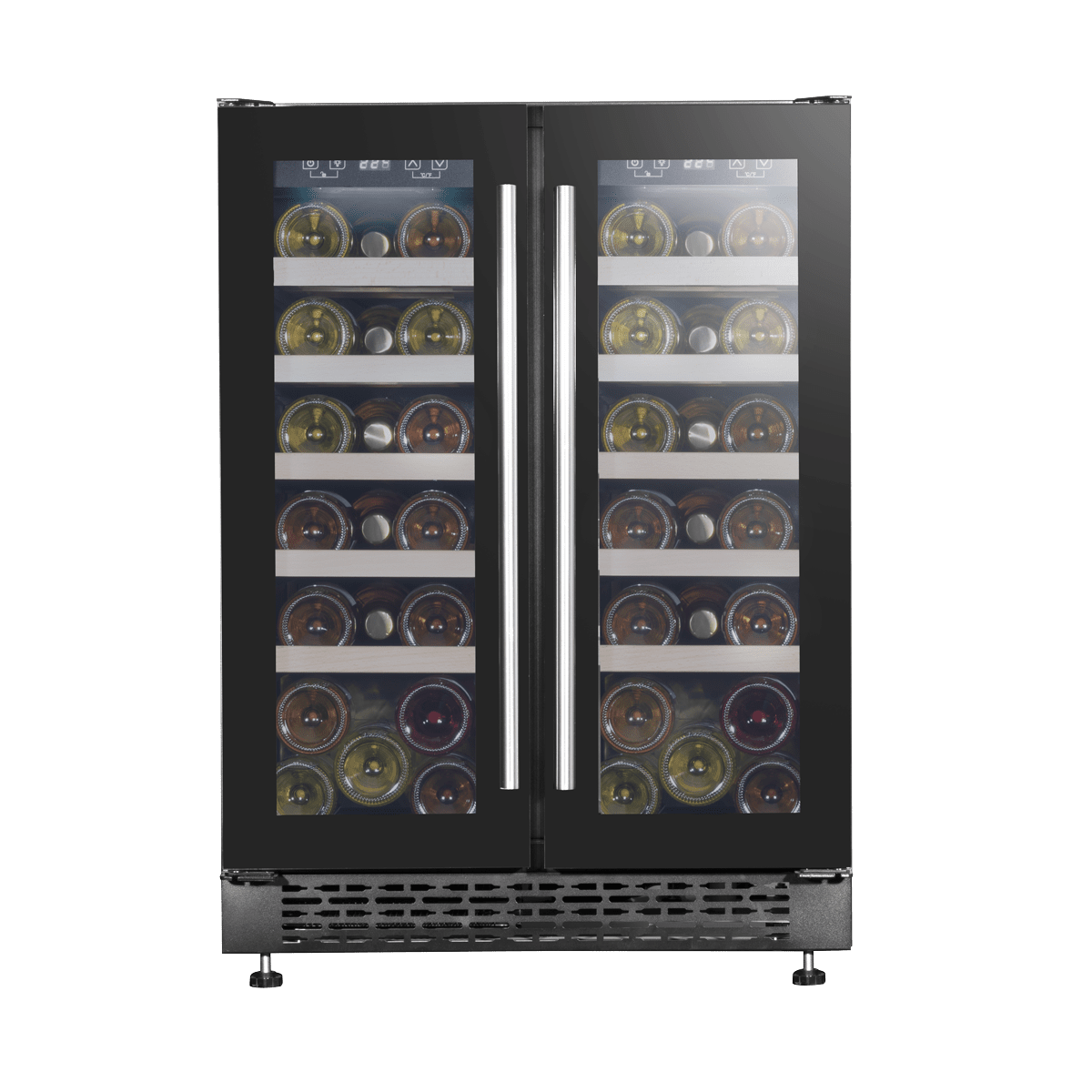 Sleek dual zone wine and beverage cooler with glass doors, wood shelves, and modern design.