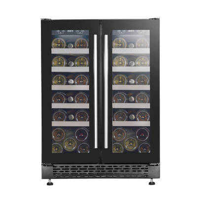 Sleek dual zone wine and beverage cooler with glass doors, wood shelves, and modern design.