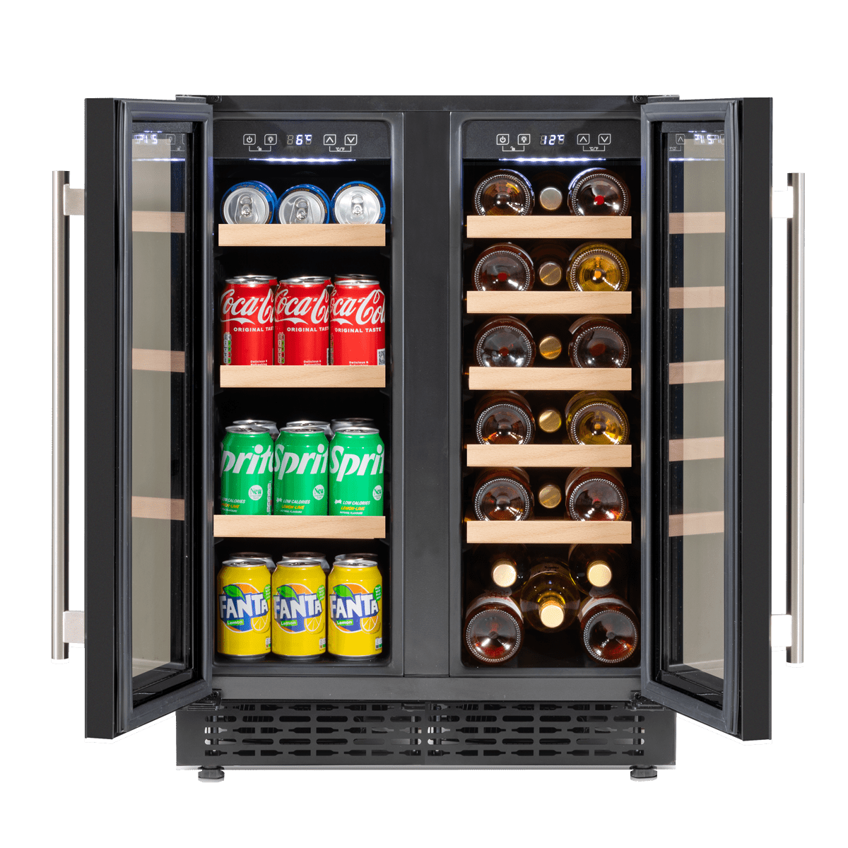 Baridi dual zone cooler with glass door, wood shelves, storing wine bottles and beverage cans.