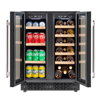 Baridi dual zone cooler with glass door, wood shelves, storing wine bottles and beverage cans.