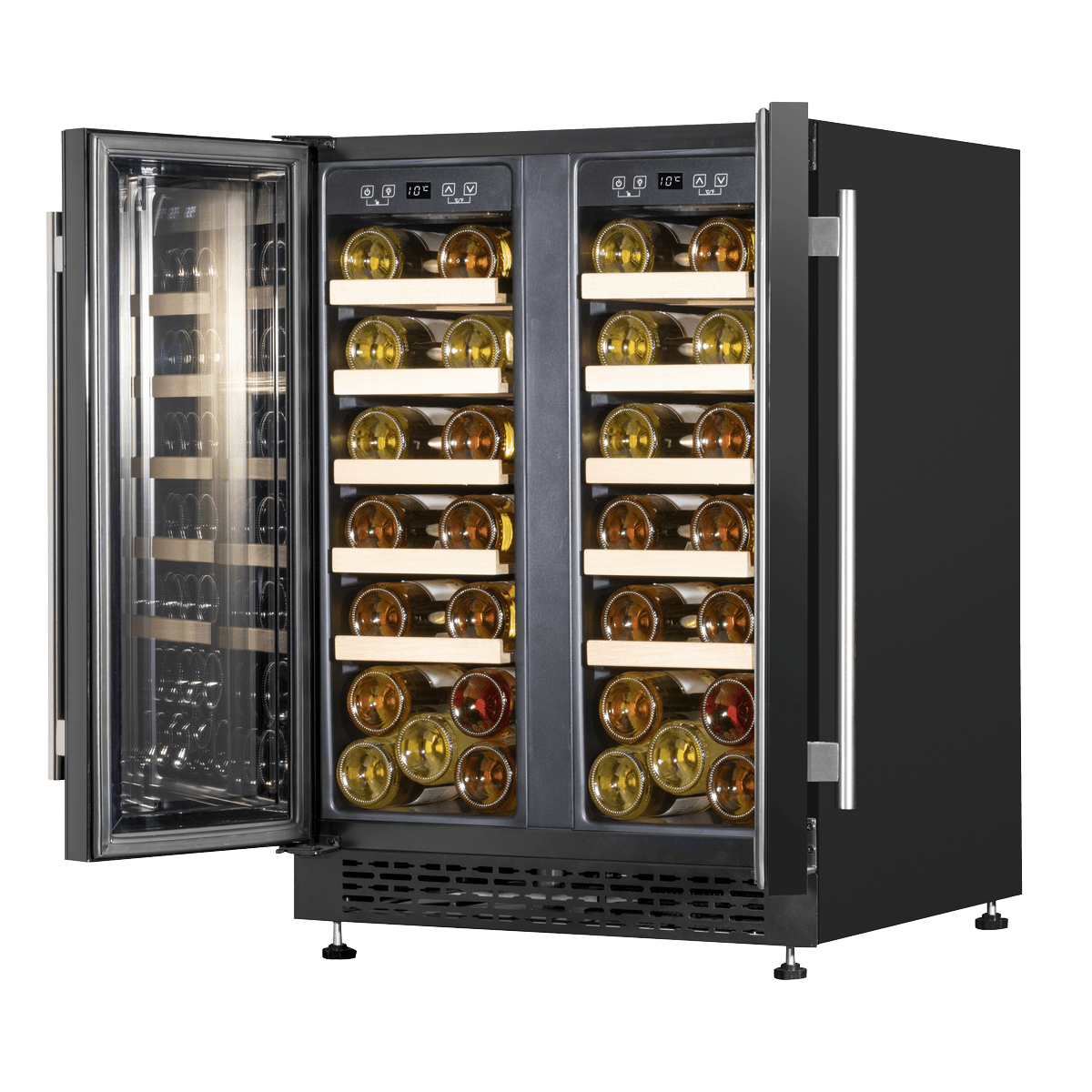Baridi dual zone wine and beverage cooler with sleek design and mirrored glass doors.