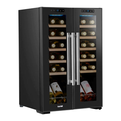 Baridi 24 Bottle Dual Zone Wine Cooler with mirror glass door, touch screen, and LED lighting.
