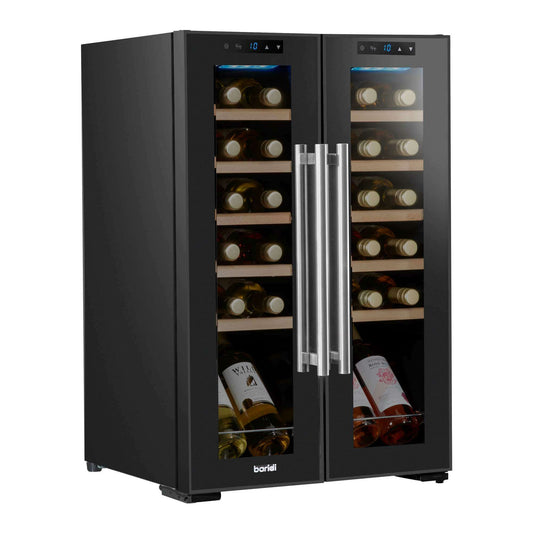 Baridi 24 Bottle Dual Zone Wine Cooler with mirror glass door, touch screen, and LED lighting.