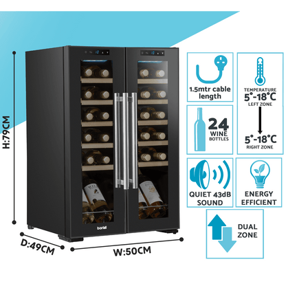 Image of Baridi 44 Bottle Wine Cooler with dual zones, touch controls, and wooden shelves.