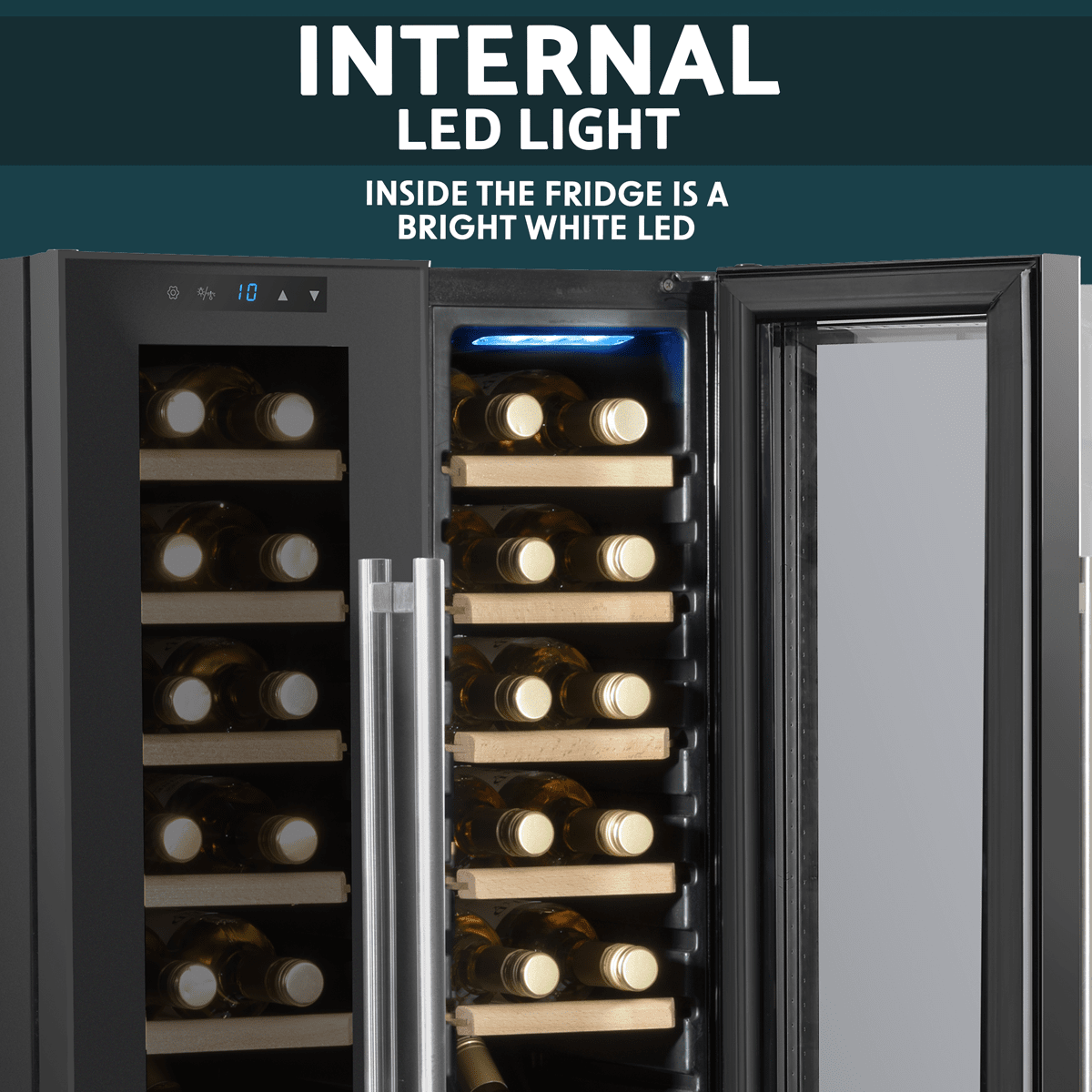 Baridi 24 Bottle Dual Zone Wine Cooler with mirror glass door, LED light, and wooden shelves.