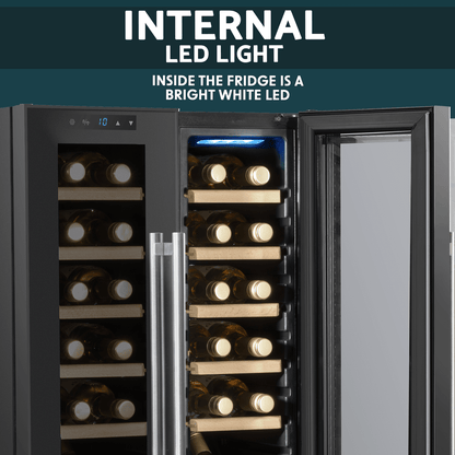 Baridi 24 Bottle Dual Zone Wine Cooler with mirror glass door, LED light, and wooden shelves.