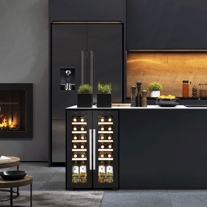 Baridi dual zone wine cooler with mirror glass door, LED light, and wooden shelves for 24 bottles.