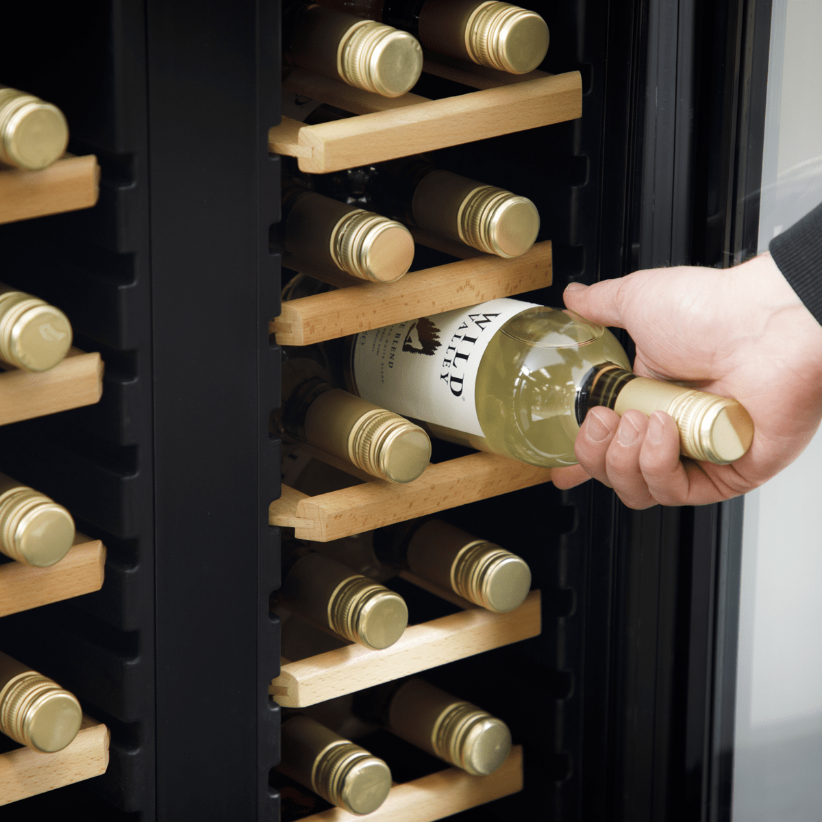 Baridi 44 Bottle Wine Cooler with dual zones, touch screen, wooden shelves, and LED lighting.