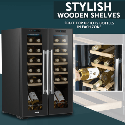 Baridi 44 Bottle Dual Zone Wine Cooler with glass door, wooden shelves, and LED lighting.