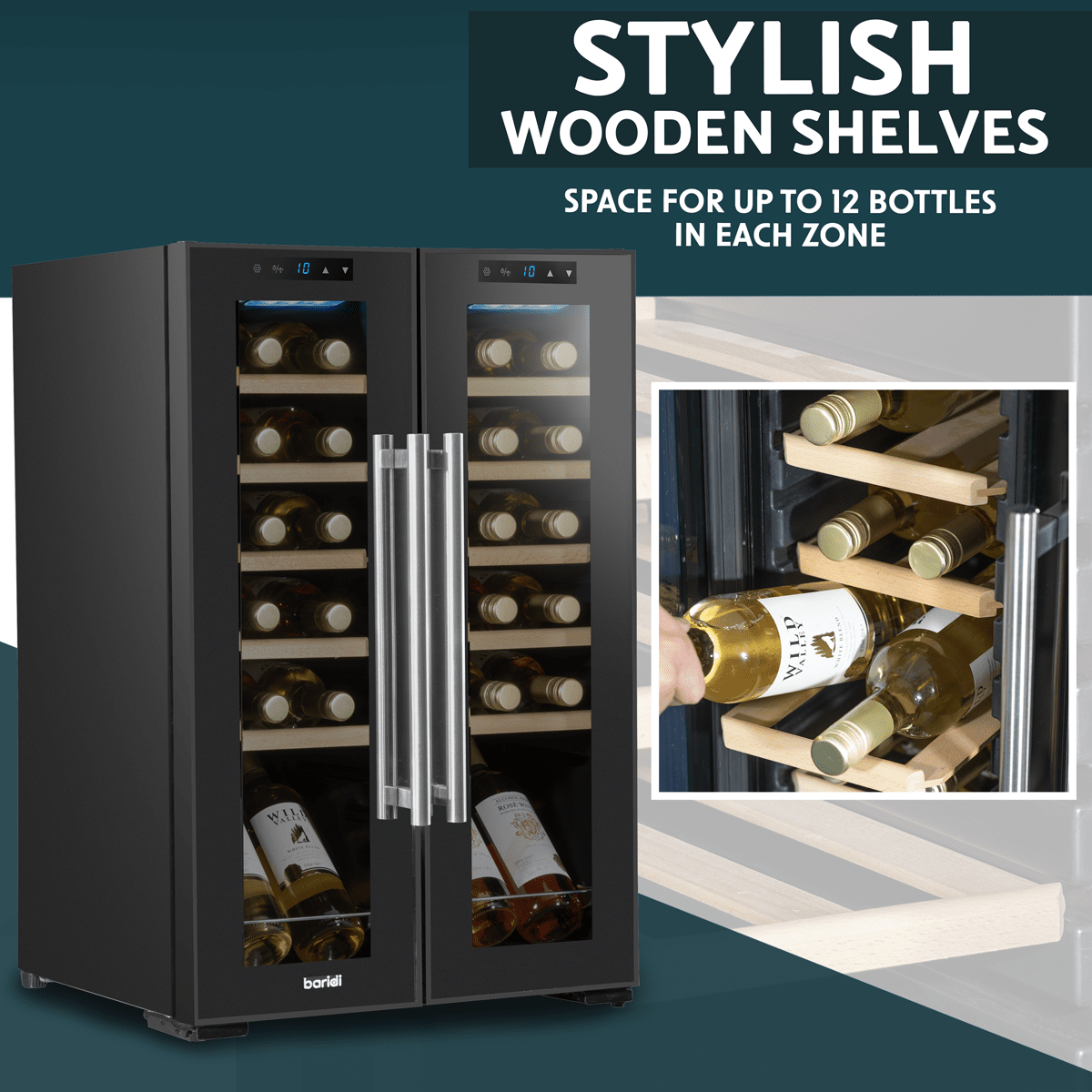 Baridi 24 Bottle Dual Zone Wine Cooler with mirror glass door and LED light on wooden shelves.