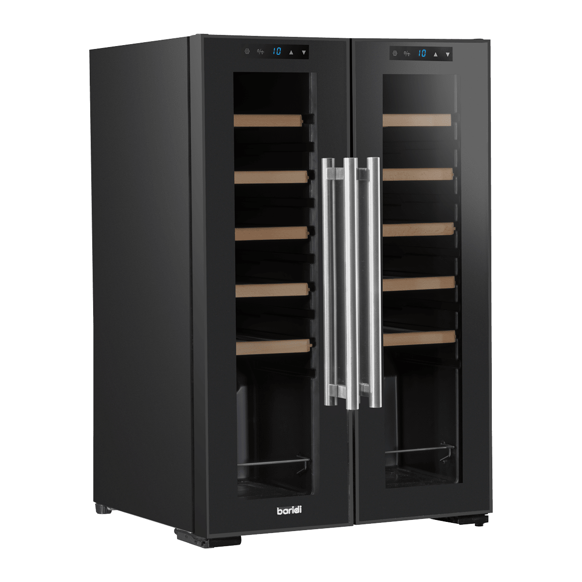 Baridi 44 Bottle Dual Zone Wine Cooler with touch controls, mirrored door, and wooden shelves.