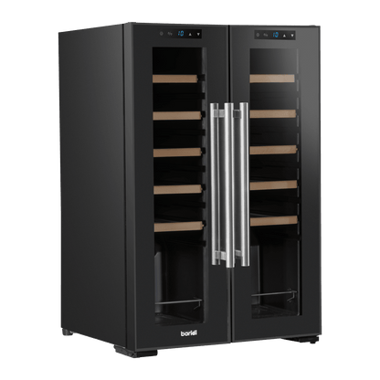 Baridi 44 Bottle Dual Zone Wine Cooler with touch controls, mirrored door, and wooden shelves.