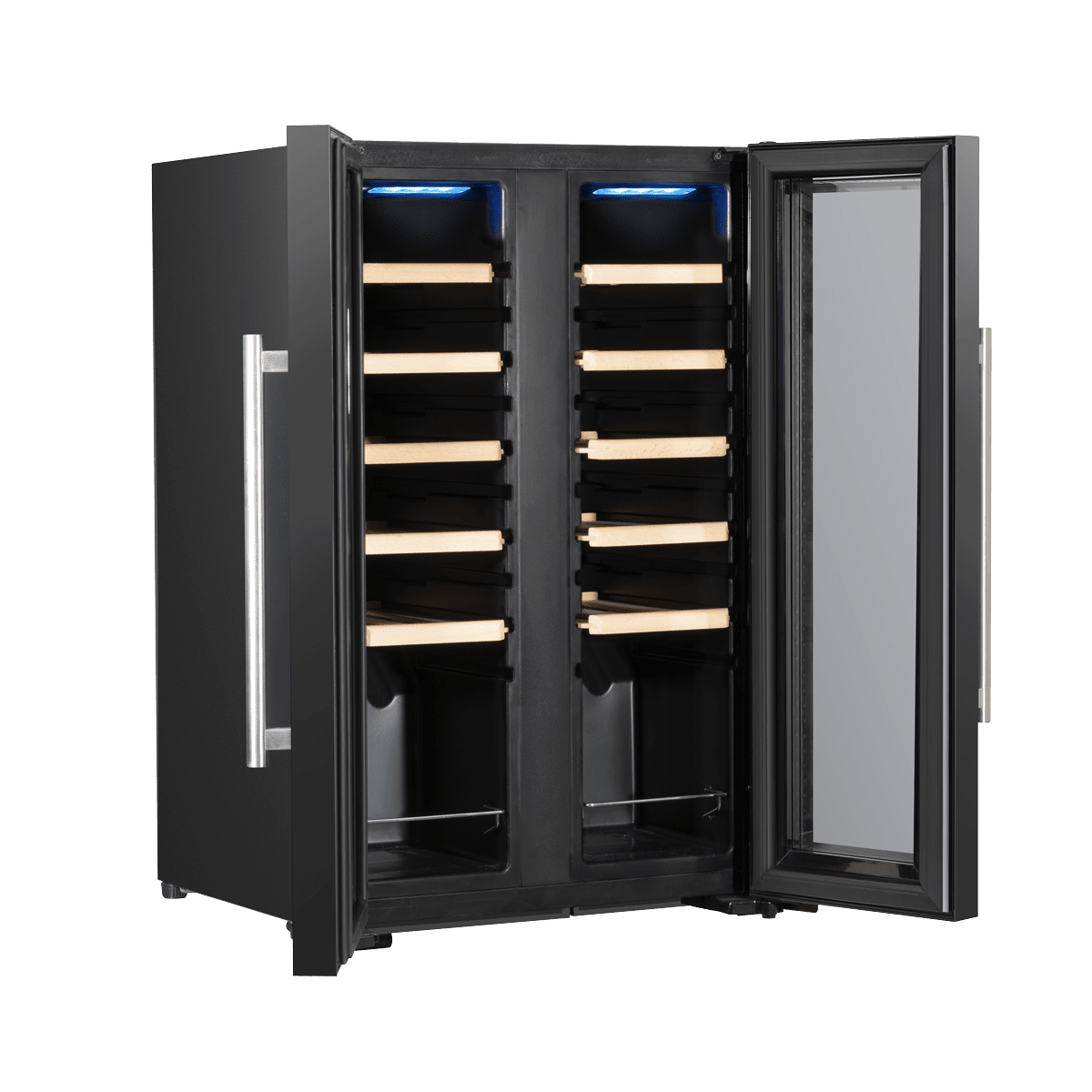 Baridi wine cooler with dual zones, mirrored glass door, wooden shelves, and touch controls.