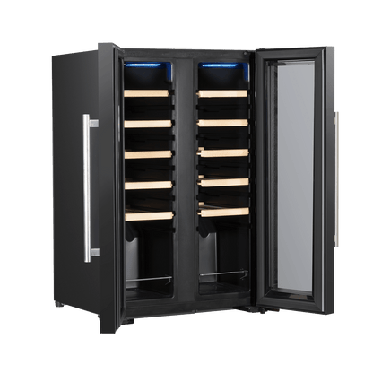 Baridi wine cooler with dual zones, mirrored glass door, wooden shelves, and touch controls.