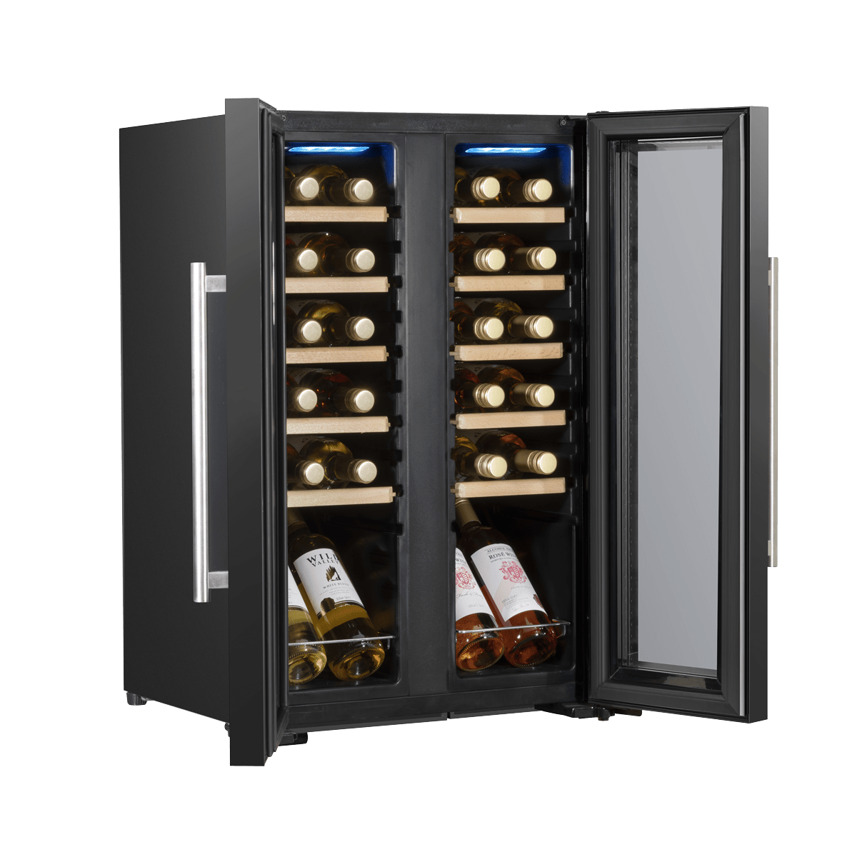 Baridi wine cooler with dual zones, touch controls, wooden shelves, and LED lighting.