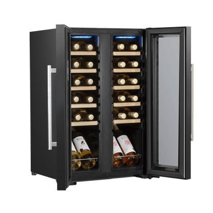 Baridi 24 Bottle Dual Zone Wine Cooler with mirror glass door and wooden shelves, LED-lit interior.