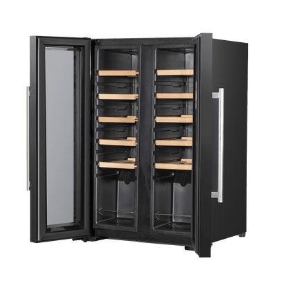 Baridi wine cooler with dual zones, touch controls, wooden shelves, and LED lighting.