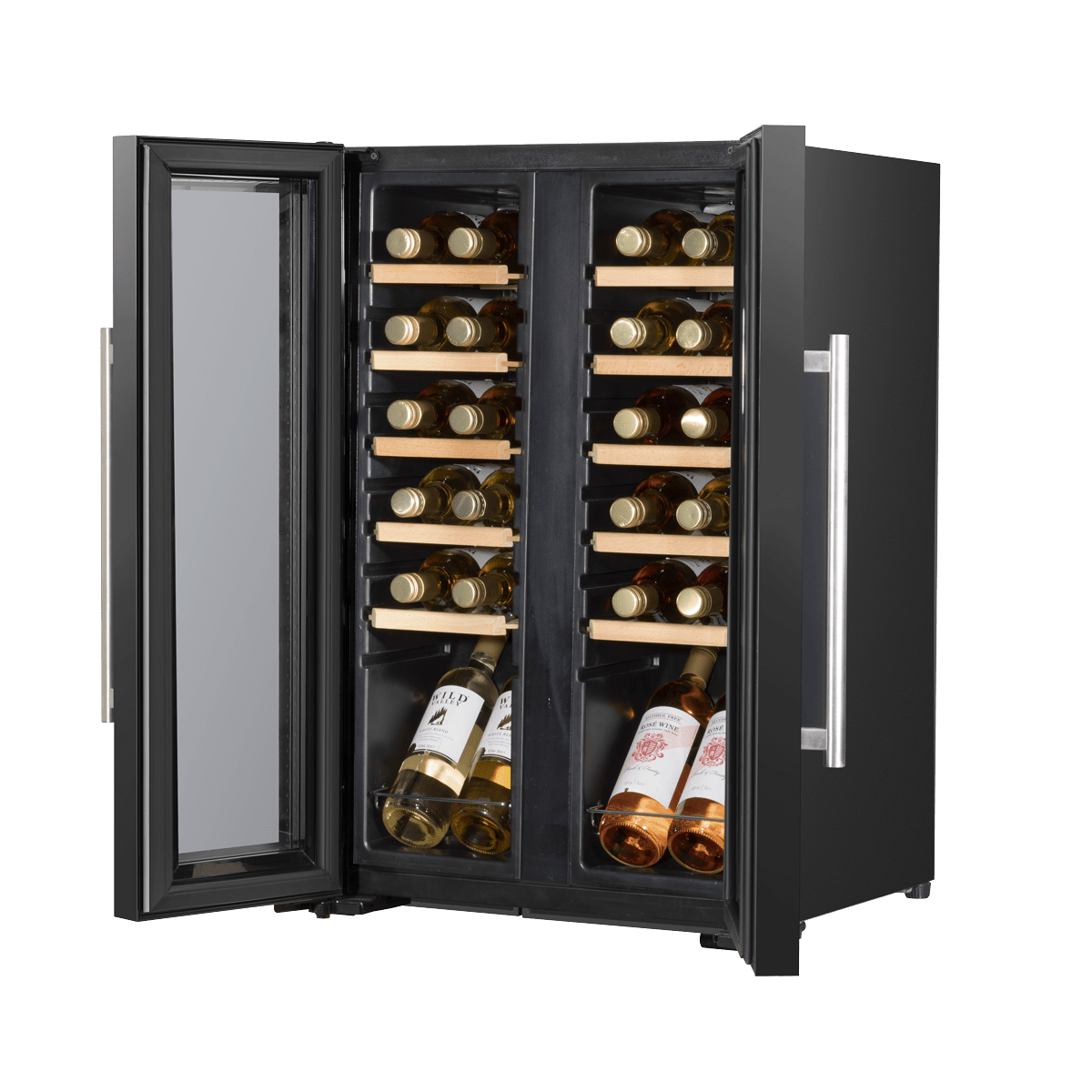 Baridi 44 Bottle Dual Zone Wine Cooler with glass door, touch controls, and wooden shelves.