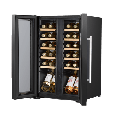 Baridi 44 Bottle Dual Zone Wine Cooler with glass door, touch controls, and wooden shelves.