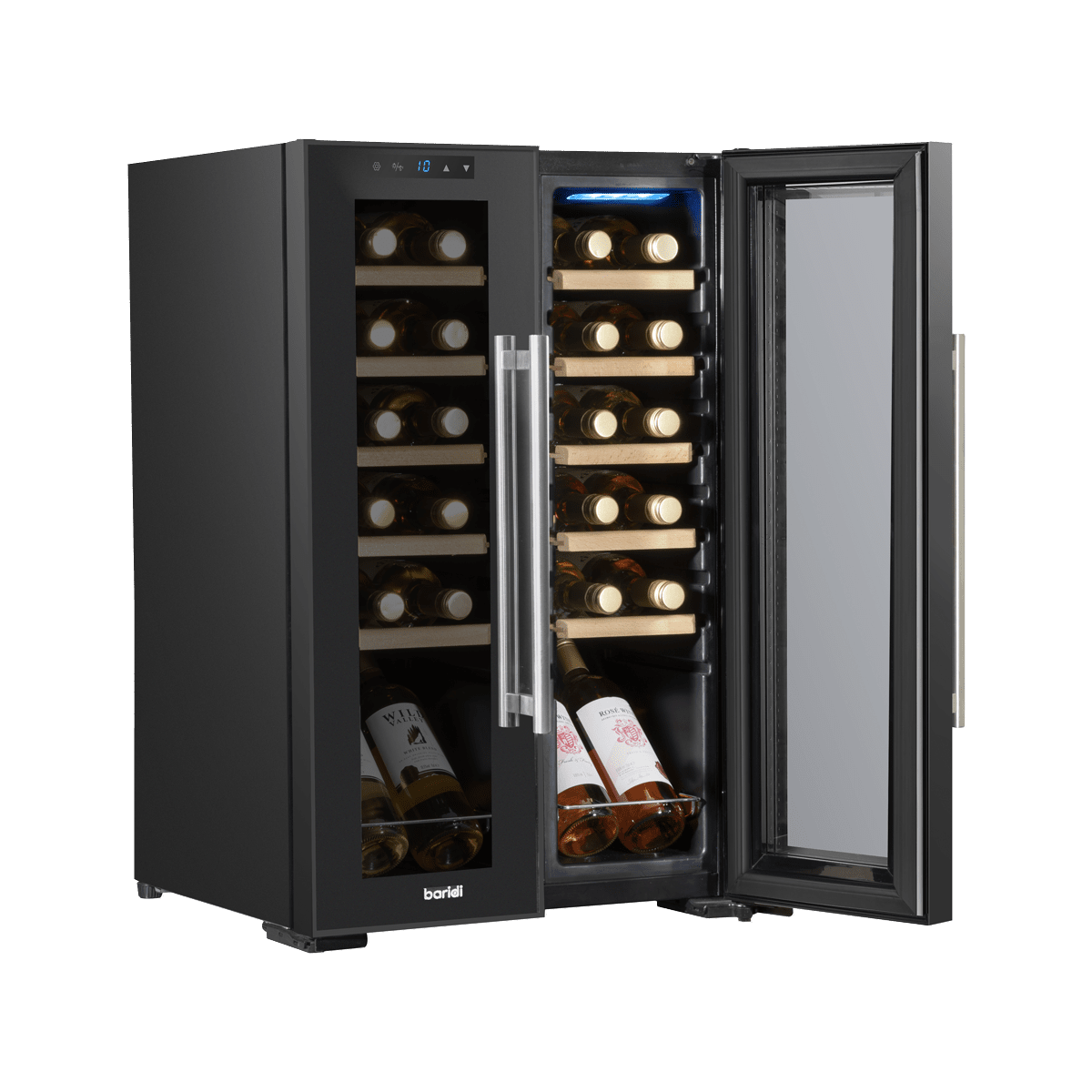 Baridi 44 Bottle Dual Zone Wine Cooler with touch controls, wooden shelves, and LED lighting.
