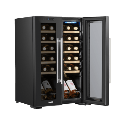 Baridi 24 Bottle Dual Zone Wine Cooler with mirror glass door and LED light, showcasing wooden shelves.