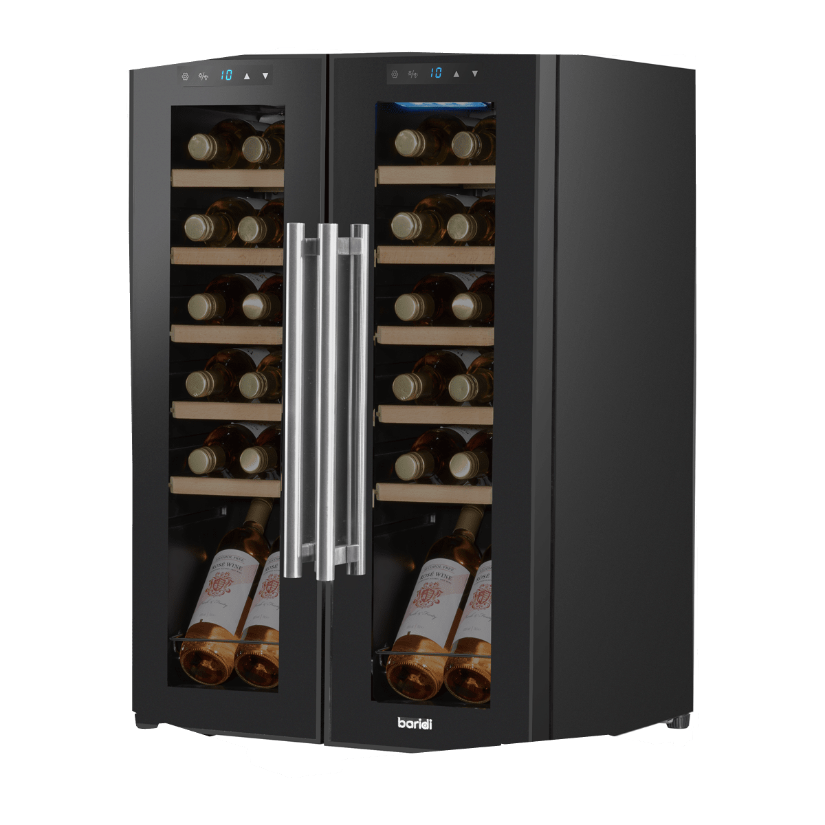 Baridi Dual Zone Wine Cooler with LED light, mirror glass door, and wooden shelves for 24 bottles.