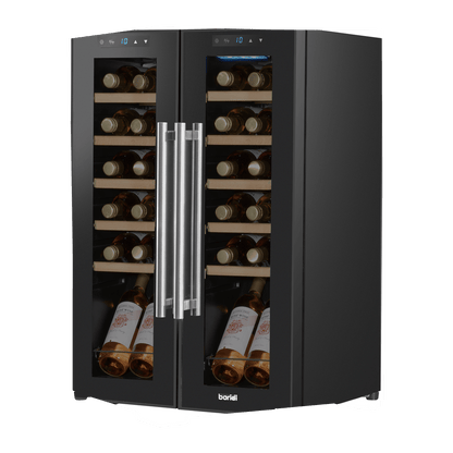 Baridi Dual Zone Wine Cooler with LED light, mirror glass door, and wooden shelves for 24 bottles.