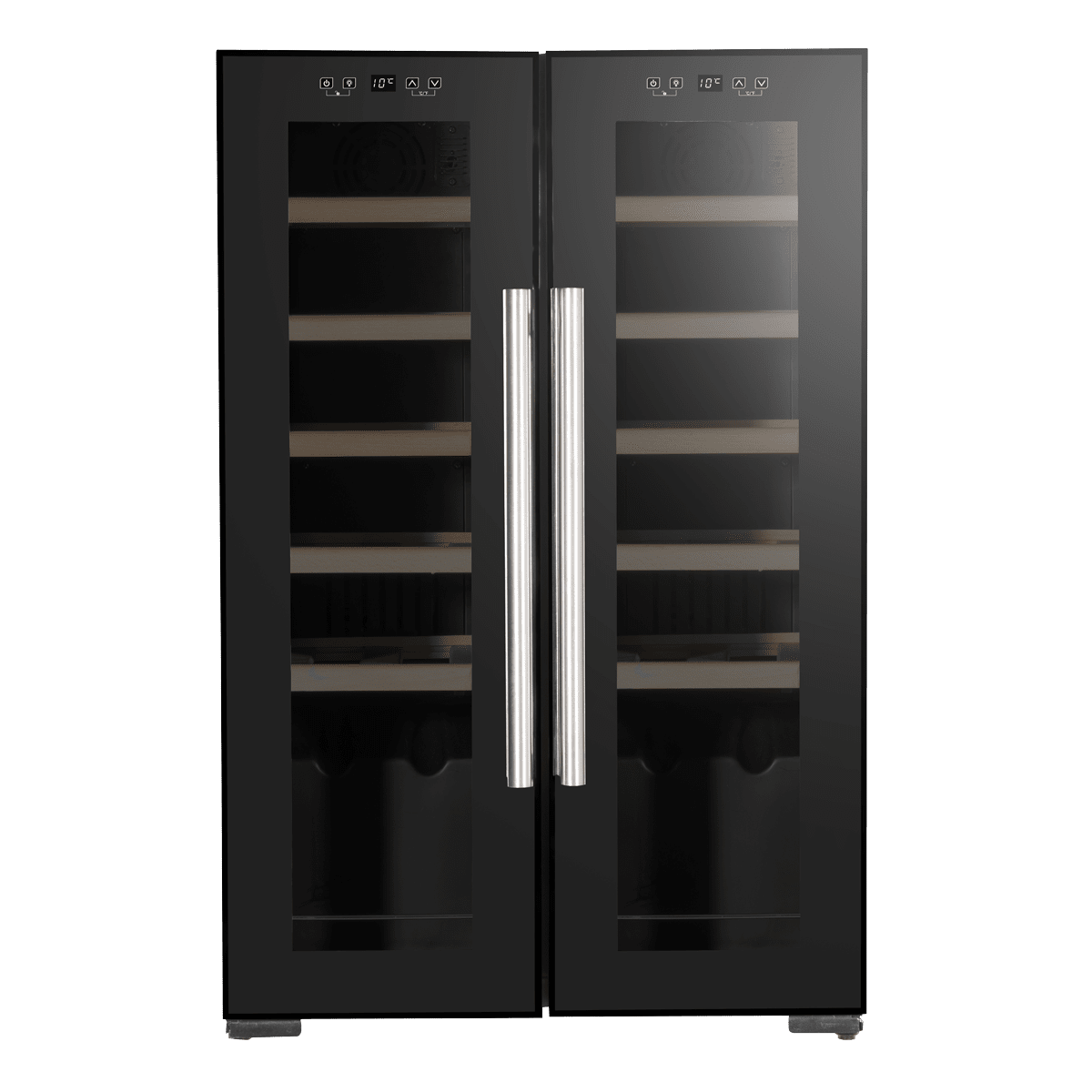 Dual zone wine cooler with mirror glass door, wooden shelves, and LED lighting.