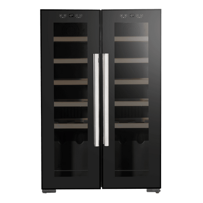 Dual zone wine cooler with mirror glass door, wooden shelves, and LED lighting.
