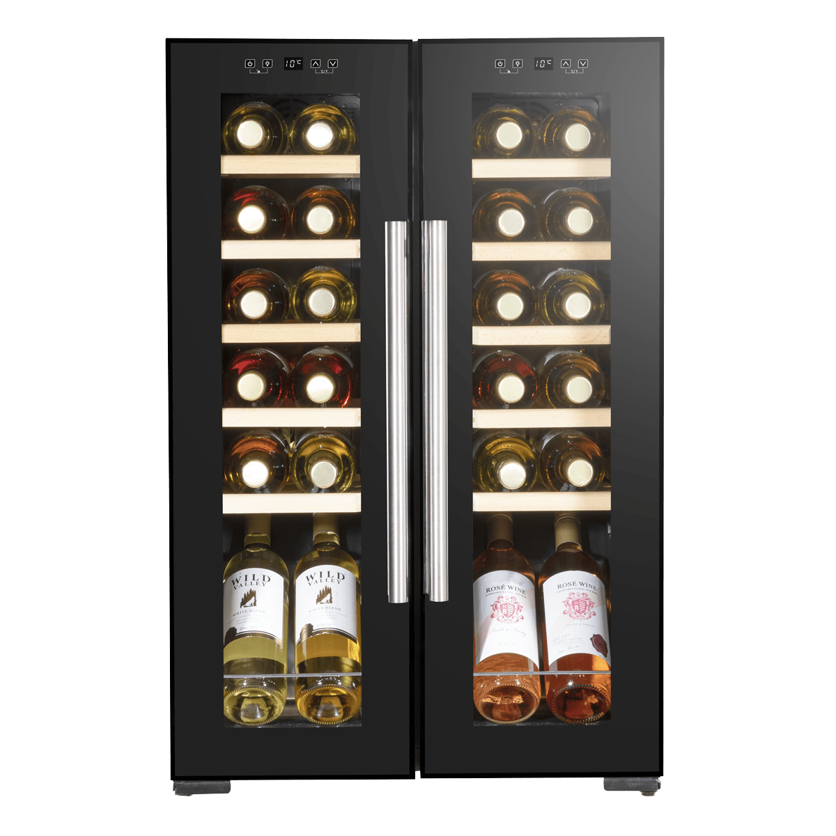 Baridi 24 Bottle Dual Zone Wine Cooler with mirror glass door and wooden shelves.