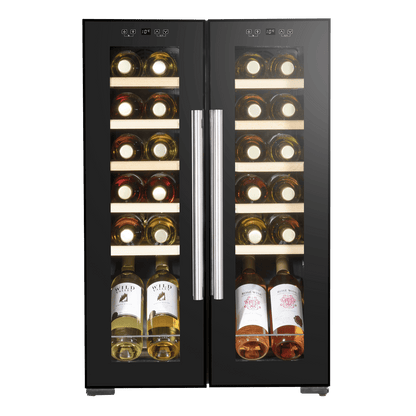 Baridi 24 Bottle Dual Zone Wine Cooler with mirror glass door and wooden shelves.