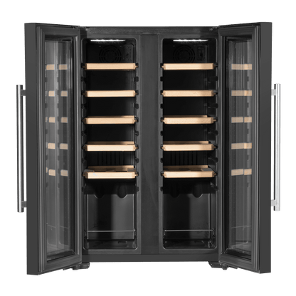 Baridi 44 Bottle Dual Zone Wine Cooler with glass door, touch controls, and wooden shelves.
