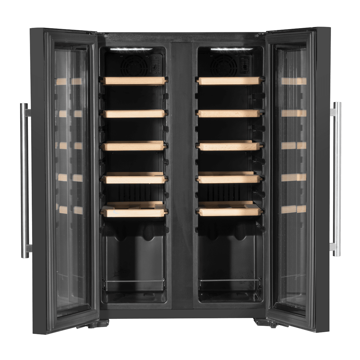 Baridi 24 Bottle Wine Cooler with dual zones, mirror glass door, and wooden shelves.
