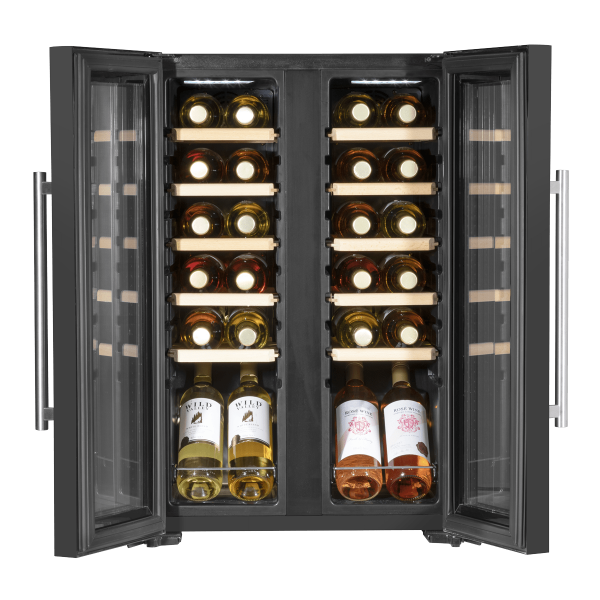 Baridi dual zone wine cooler with glass door, wooden shelves, and touch controls for 44 bottles.