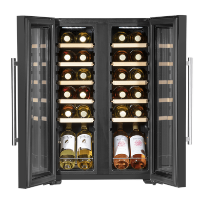 Baridi dual zone wine cooler with glass door, wooden shelves, and touch controls for 44 bottles.