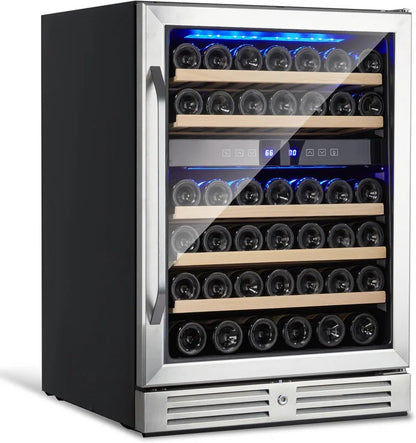 Dual Zone Wine Cooler 46 Bottle Capacity with Tempered Glass Door, Built-In/Freestanding Temperature Memory