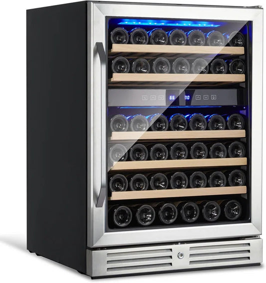Dual Zone Wine Cooler 46 Bottle Capacity with Tempered Glass Door, Built-In/Freestanding Temperature Memory