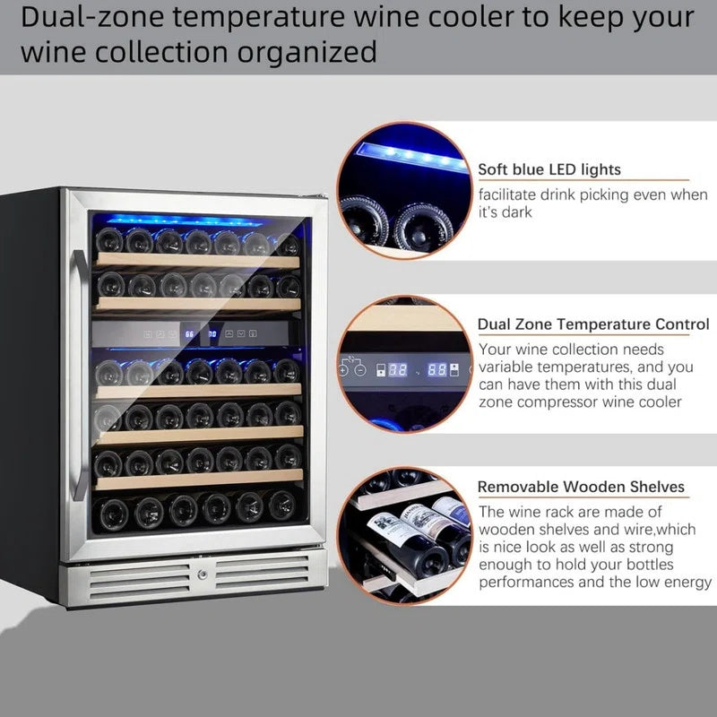 Dual Zone Wine Cooler 46 Bottle Capacity with Tempered Glass Door, Built-In/Freestanding Temperature Memory