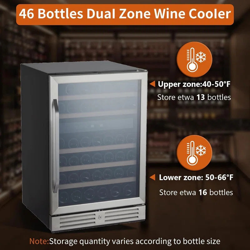 Dual Zone Wine Cooler 46 Bottle Capacity with Tempered Glass Door, Built-In/Freestanding Temperature Memory