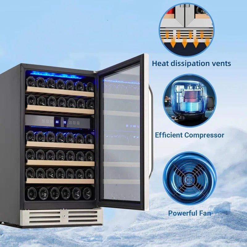 Dual Zone Wine Cooler 46 Bottle Capacity with Tempered Glass Door, Built-In/Freestanding Temperature Memory